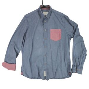 Koton Button Up Shirt L Men Slim Fit Blue Pink Faded Nailhead Long Sleeve Preppy